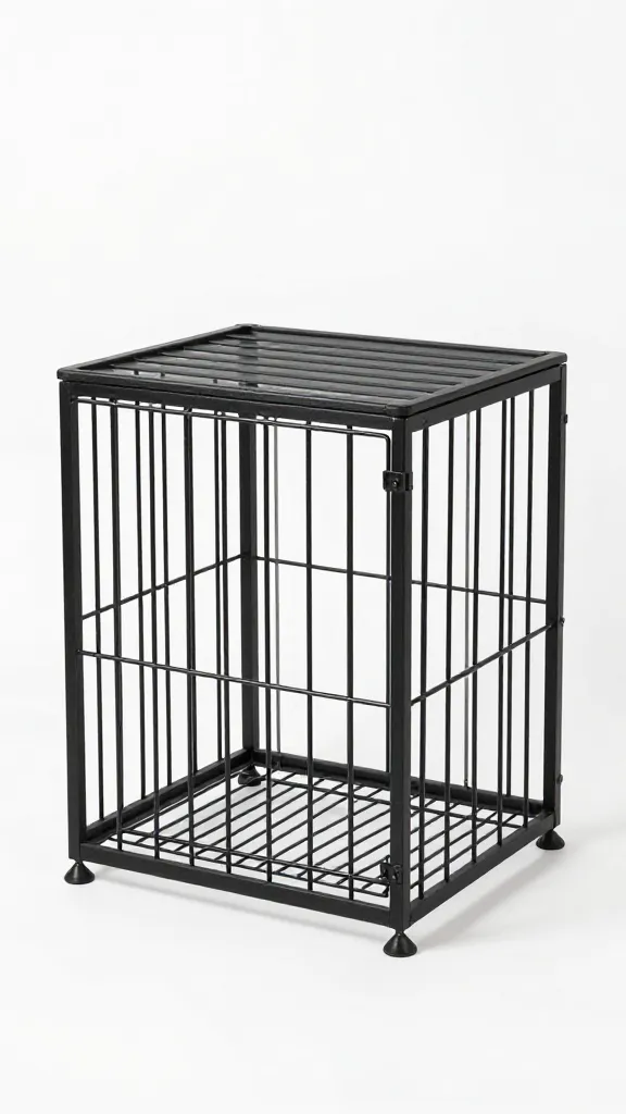Black metal slat dog crate side table, minimalist decor