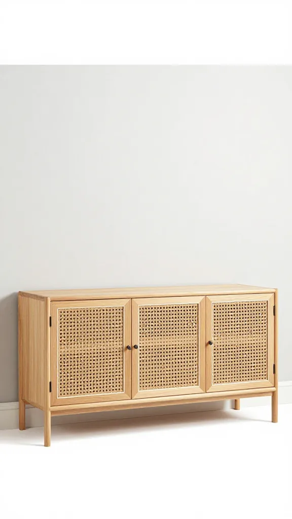 Rattan-panel dog crate credenza under gallery wall