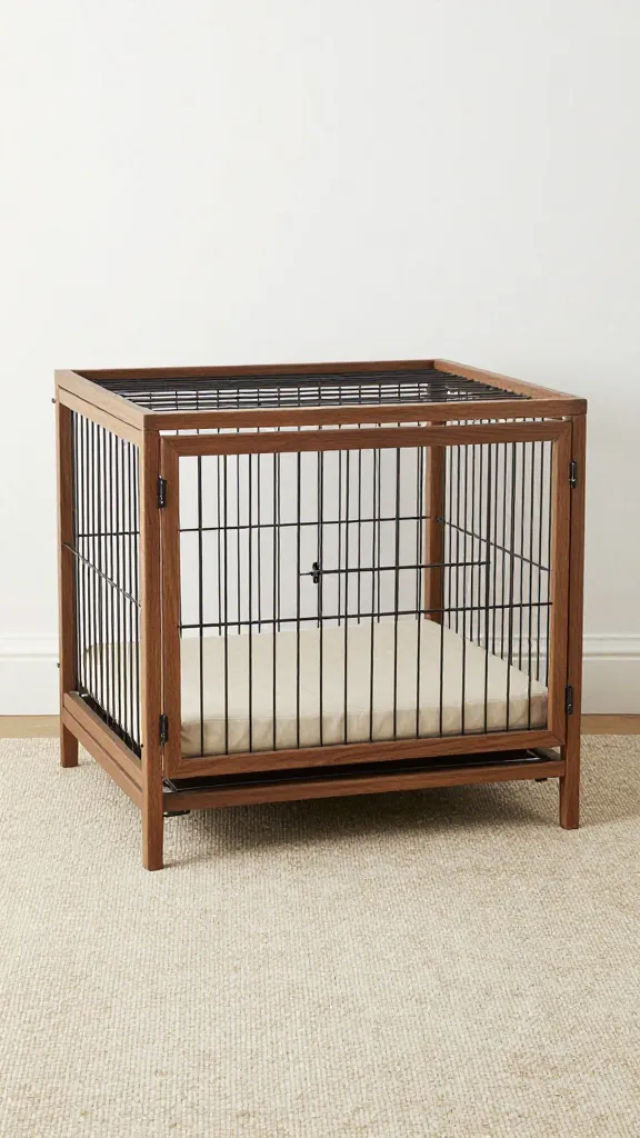 Mid-century walnut dog crate with cushion, neutral rug