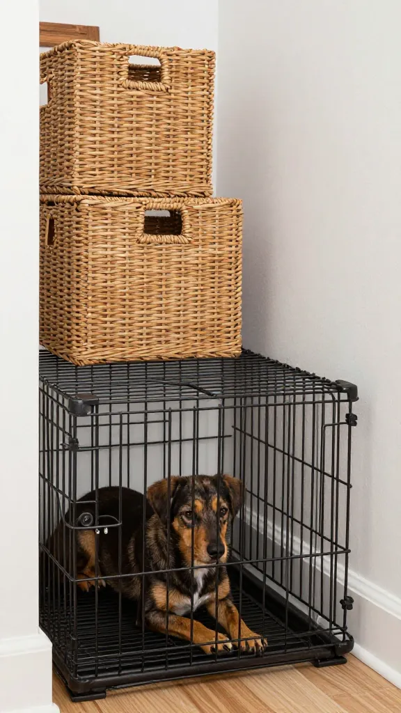 under-stairs dog nook with crate and woven baskets