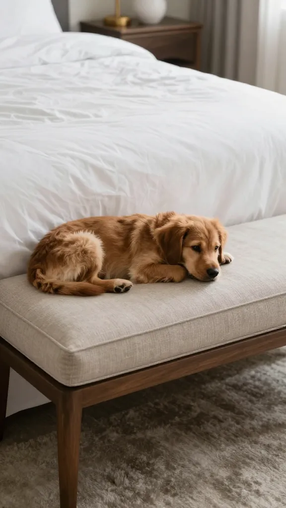 bedroom bench with cushion at bed foot, dog resting