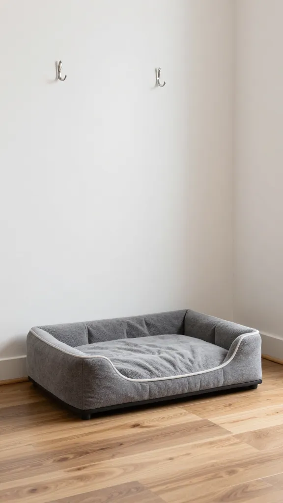 low platform dog bed in hallway end, wall hooks