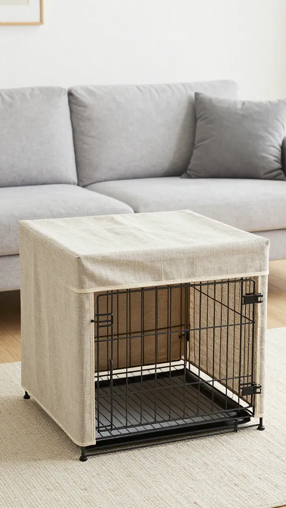 Wire dog crate with linen cover in modern living room
