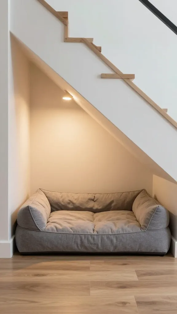 large dog bed under staircase nook, soft lighting