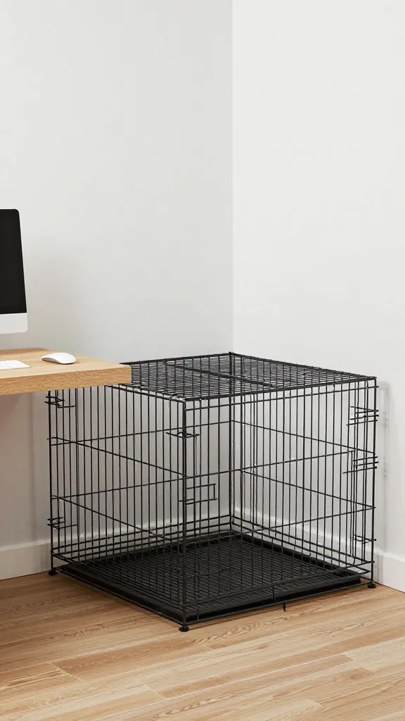 home office corner dog crate beside desk, natural light