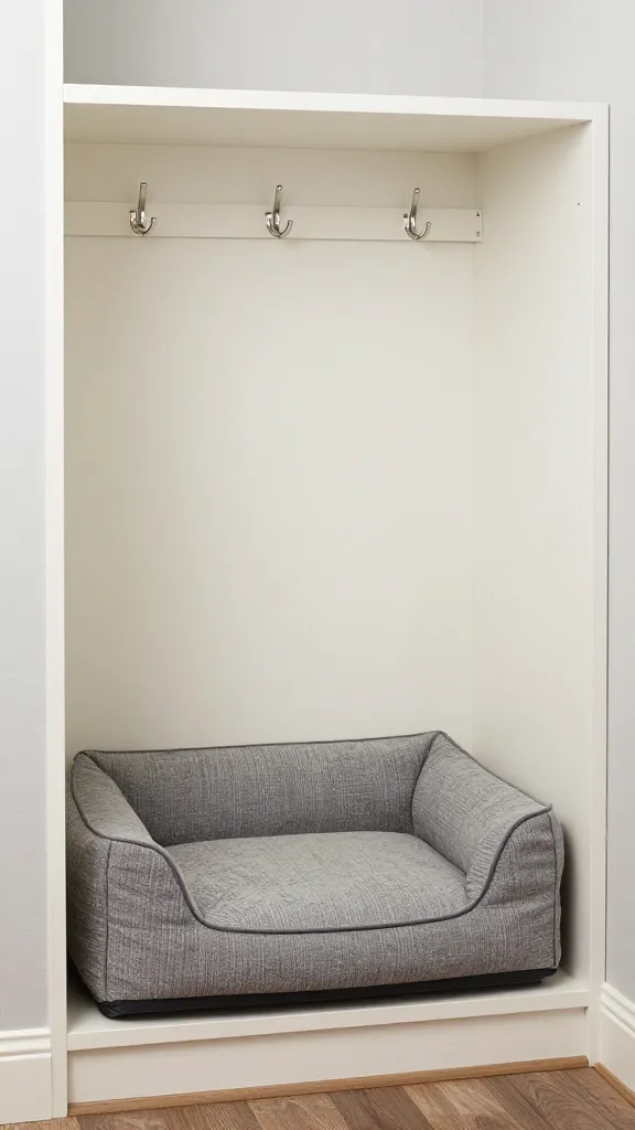 laundry room built-in dog bed, storage hooks above