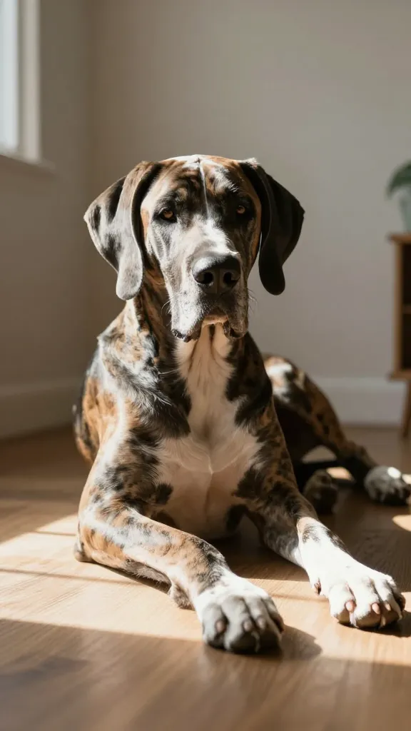 Great Dane lounging in sunlit living room corner