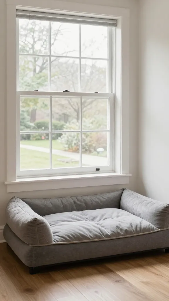 Large dog bed beside low-draft window nook