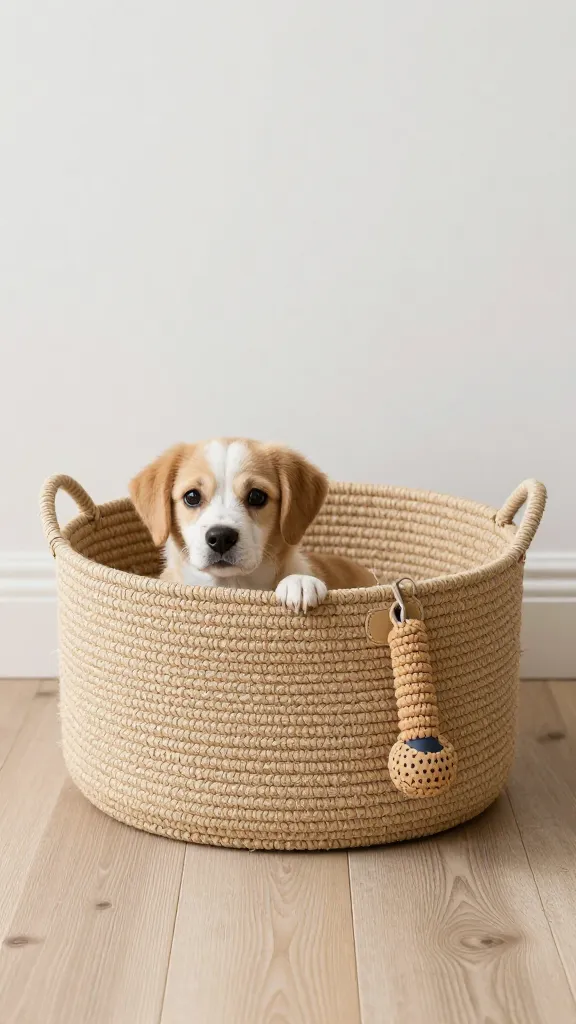 Durable chew toy basket in cozy dog corner