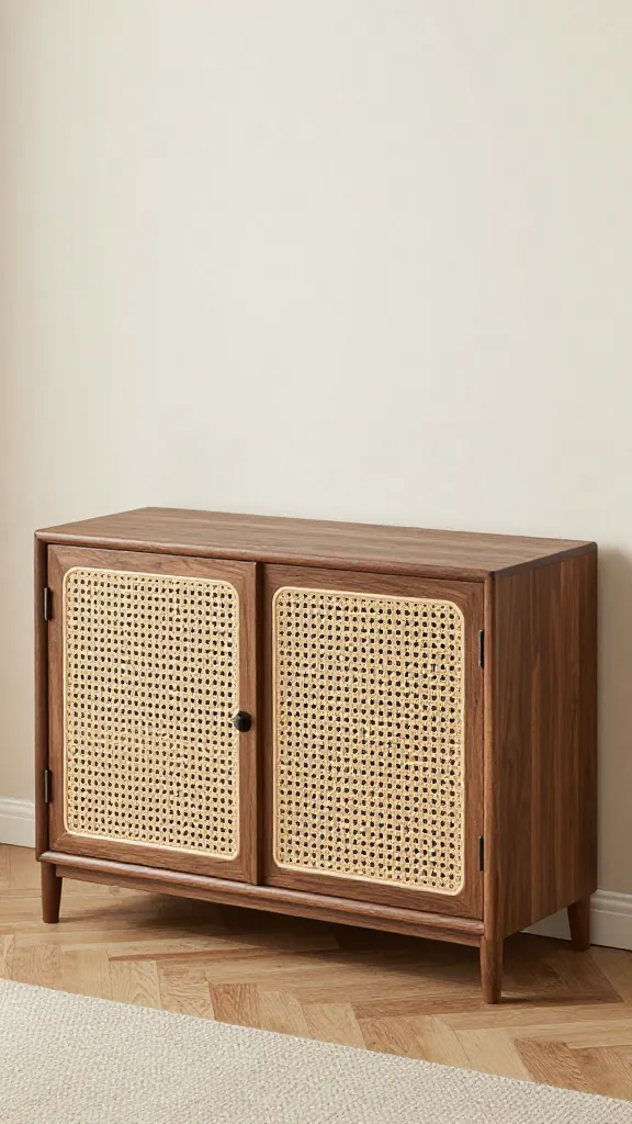walnut dog crate console with rattan doors, living room