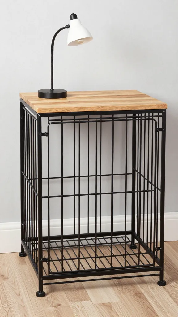 black metal‑frame dog crate nightstand, oak top, lamp