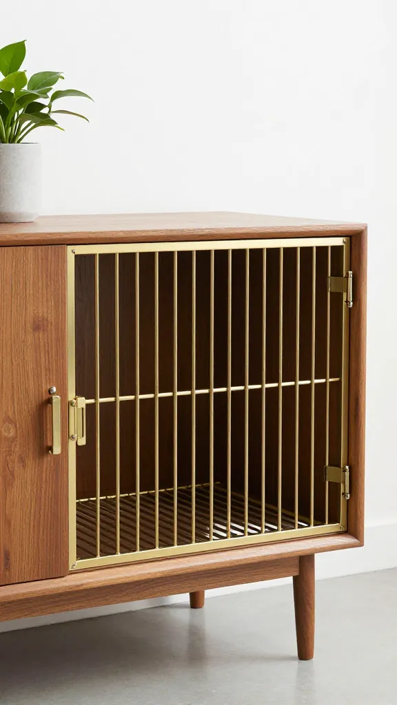 mid-century dog crate credenza, brass hardware, houseplant
