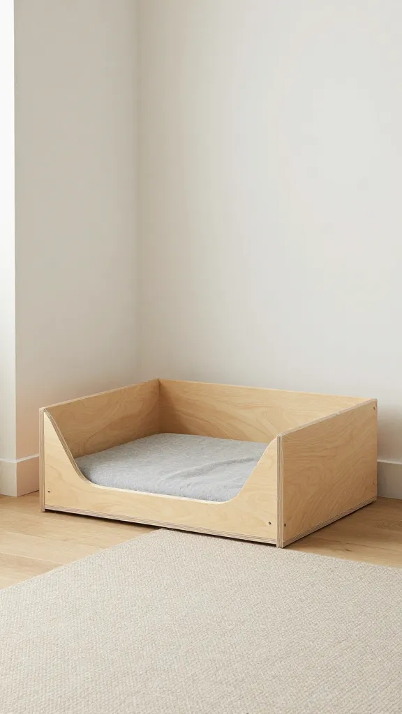 Triangular plywood corner dog bed in modern living room