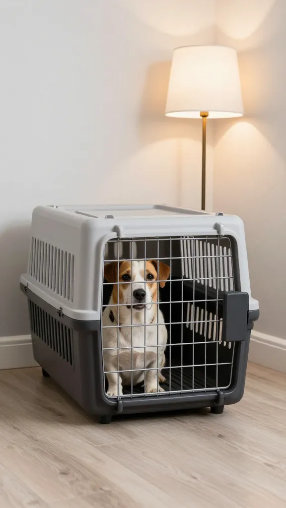 dog crate tucked in living room corner with soft lamp