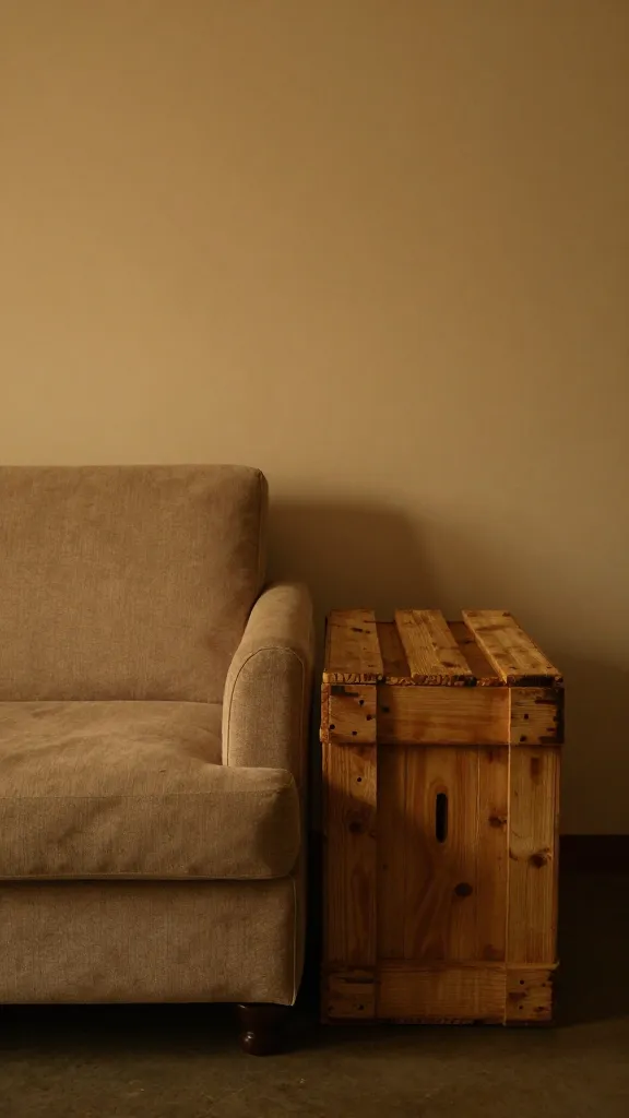crate beside sofa, wall behind, warm ambient lighting