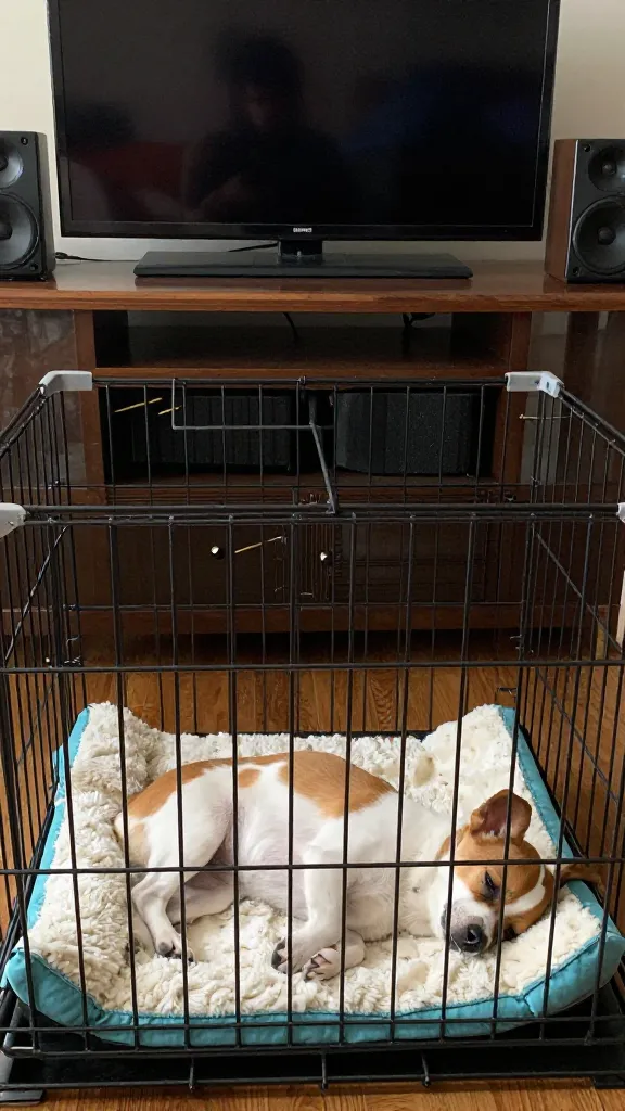 small dog napping in crate away from TV and speakers