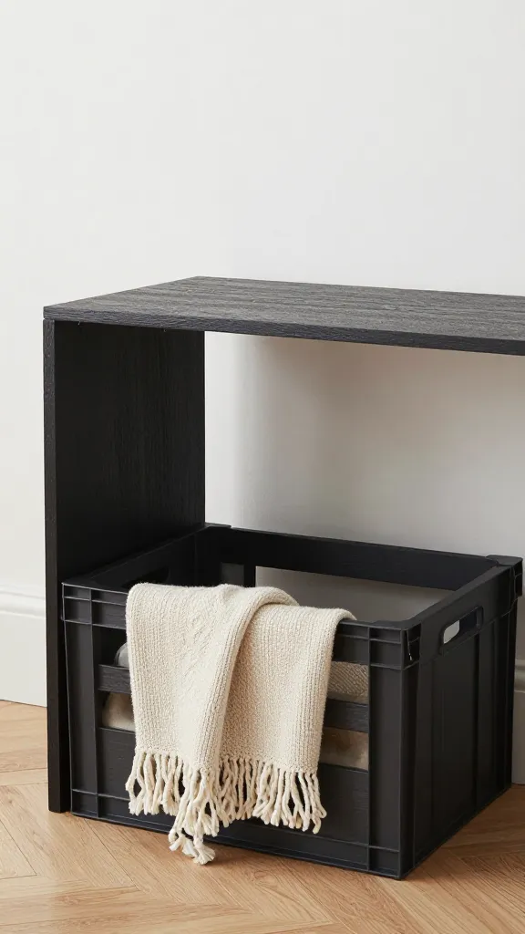 stylish covered crate under console table, cozy throw inside
