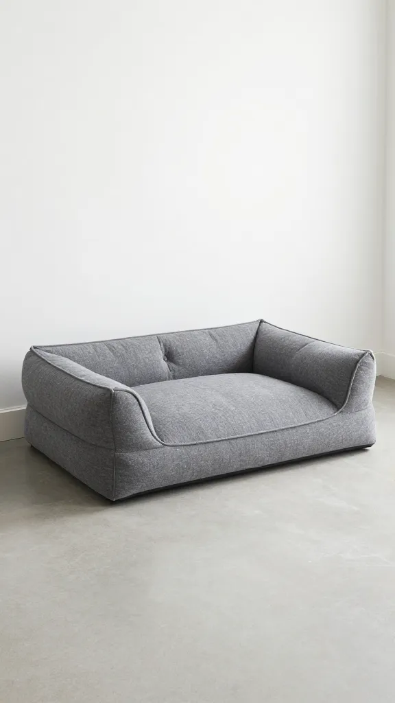 modern rectangular dog bed, gray bolsters, minimal living room