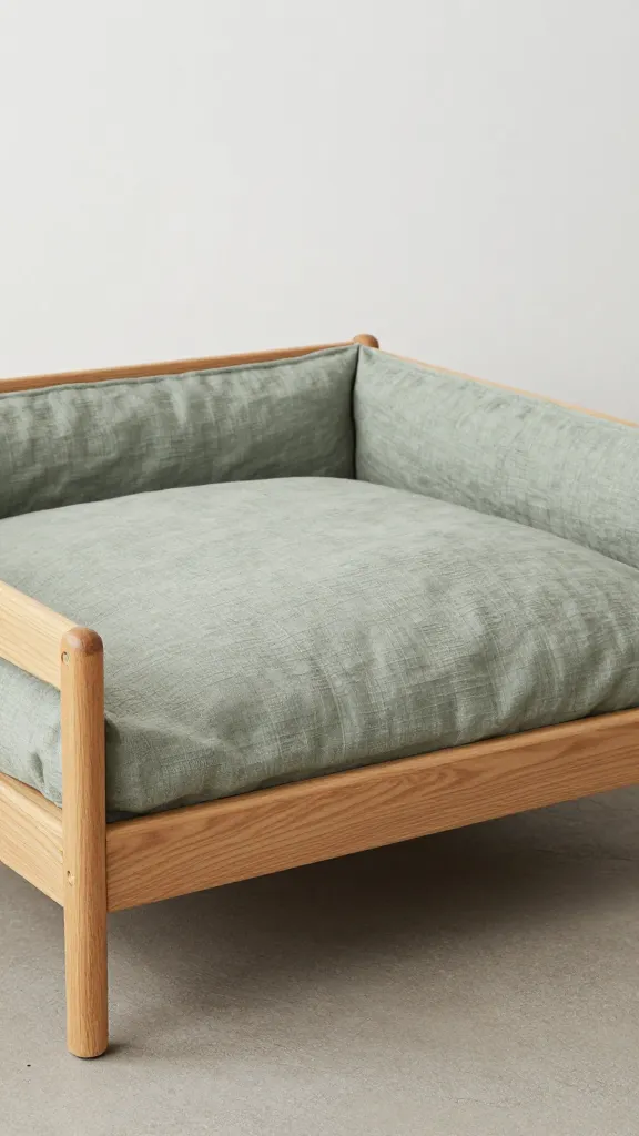 scandi wood-frame dog bed, linen cover, soft sage