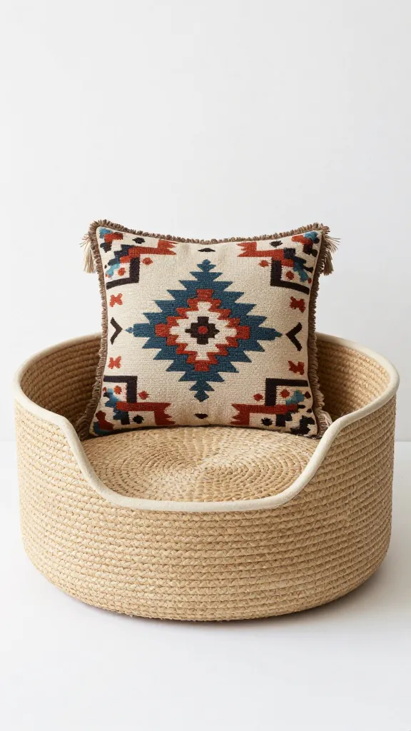 boho woven basket dog bed, kilim cushion, tassel edges