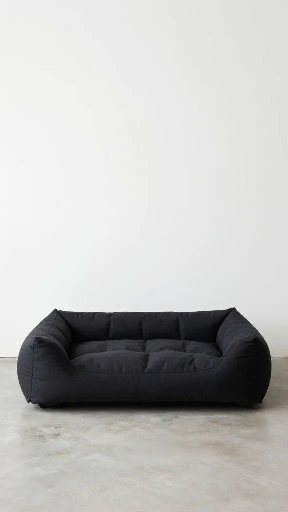 black minimalist dog bed, low profile, concrete floor