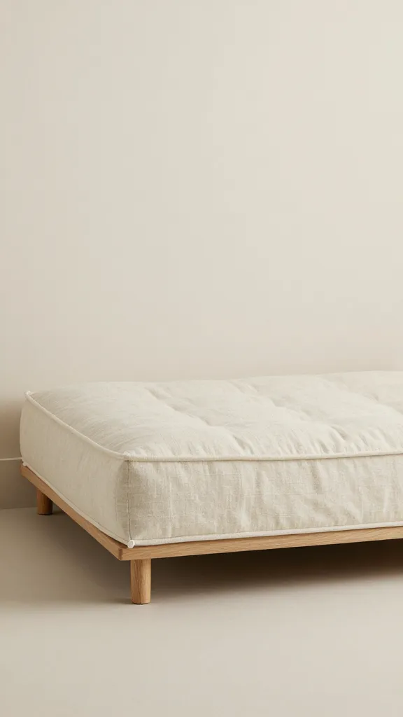 cream linen dog mattress, oak legs, airy neutral room