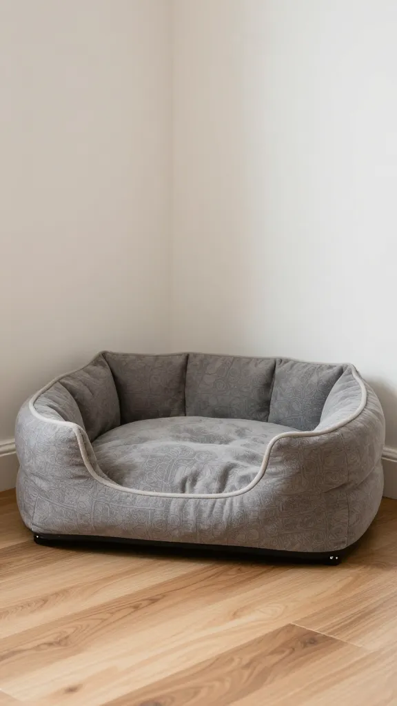 Orthopedic dog bed tucked in living room corner