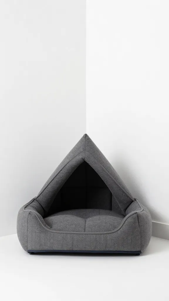 Triangular dog bed snug against two white walls
