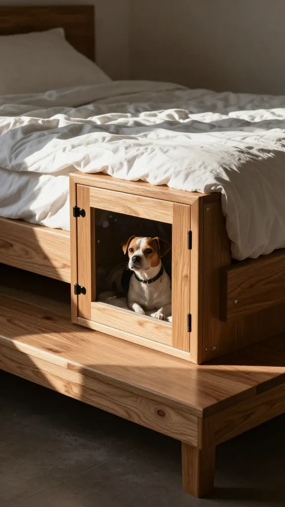 walnut platform bed with built-in dog kennel, morning light