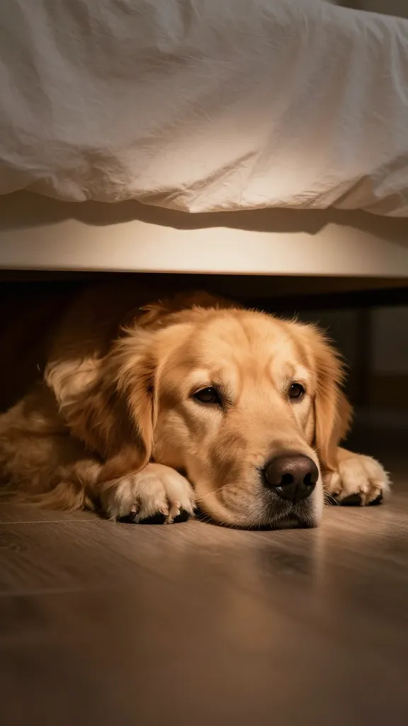 golden retriever resting under bed kennel, soft lamp glow
