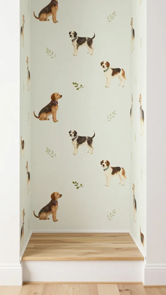 under-stair dog nook with peel-and-stick wallpaper