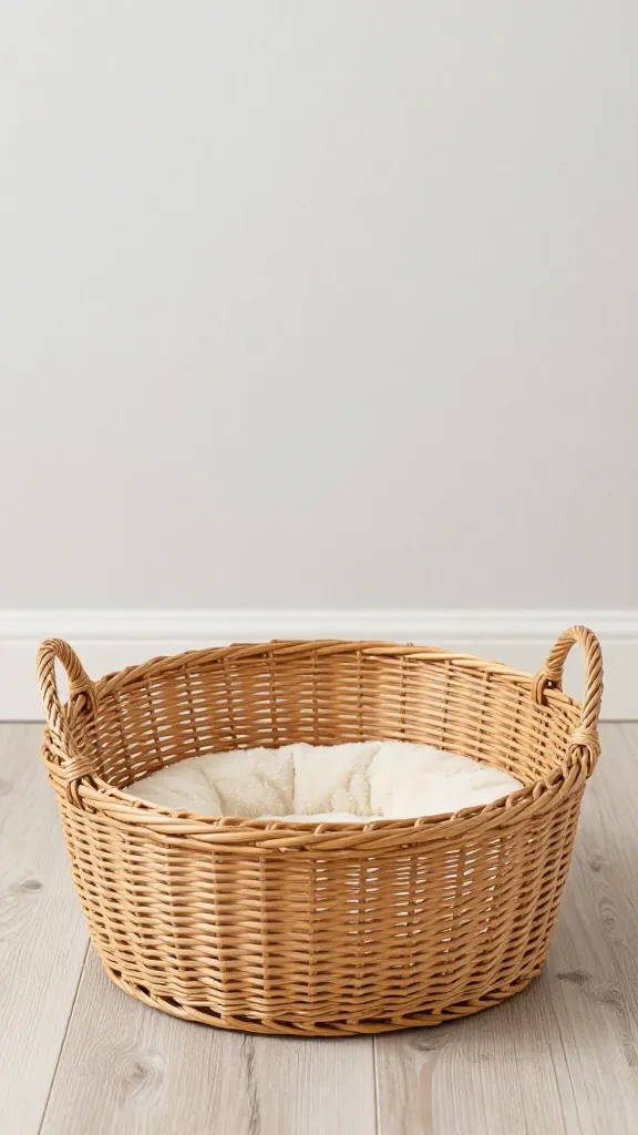 wicker toy basket beside dog bed