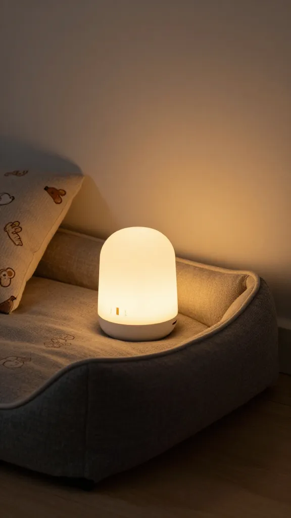 warm plug-in nightlight above dog bed