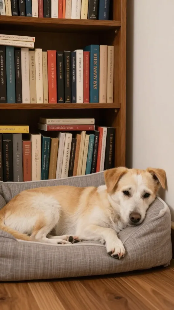 dog lounging by bookshelf cozy corner