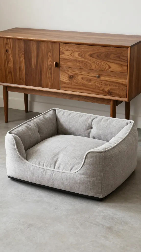 bolster corner dog bed beside mid-century console