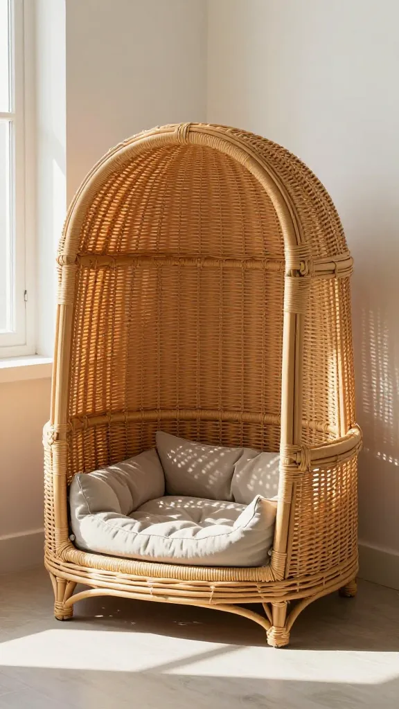 rattan corner dog bed in sunlit reading nook