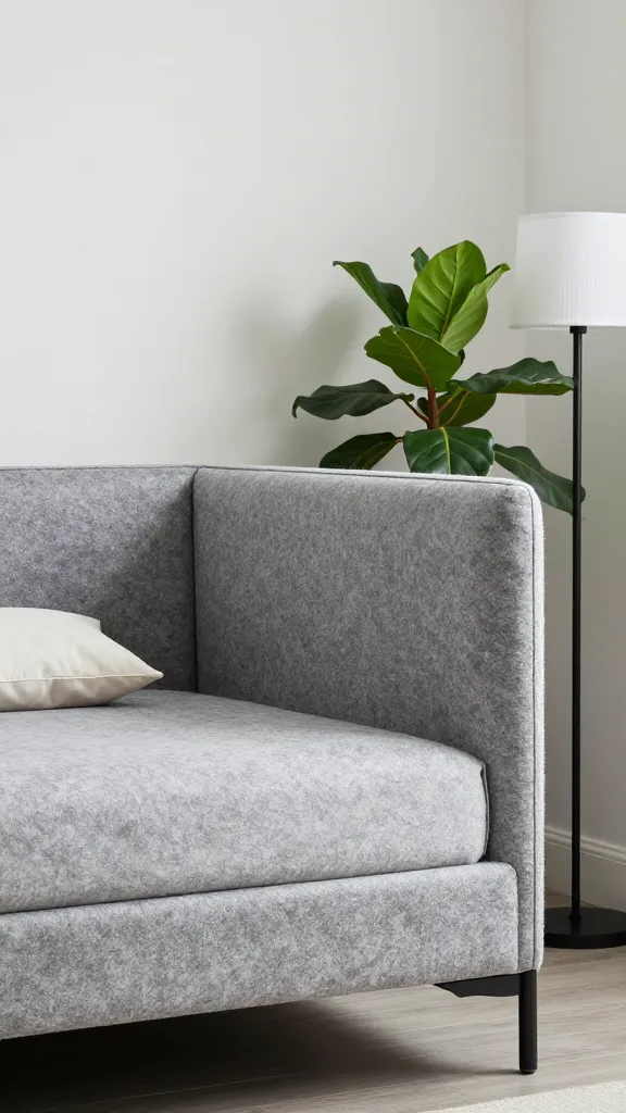 gray felt corner bed beside houseplant and floor lamp