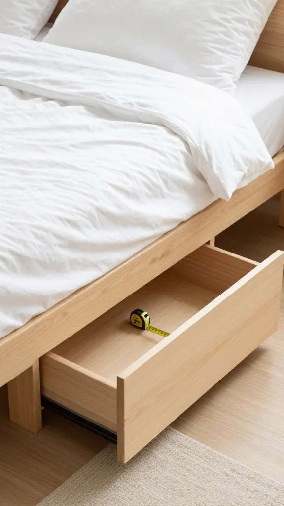 low bed with hidden crate drawer, measuring tape beside