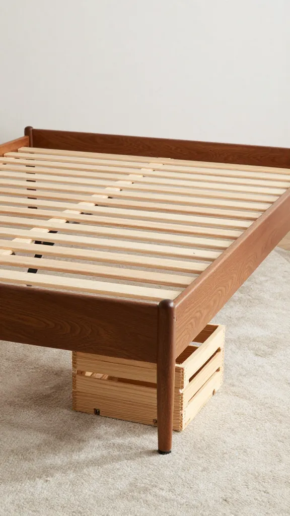 mid-century bed frame, crate on casters, neutral rug