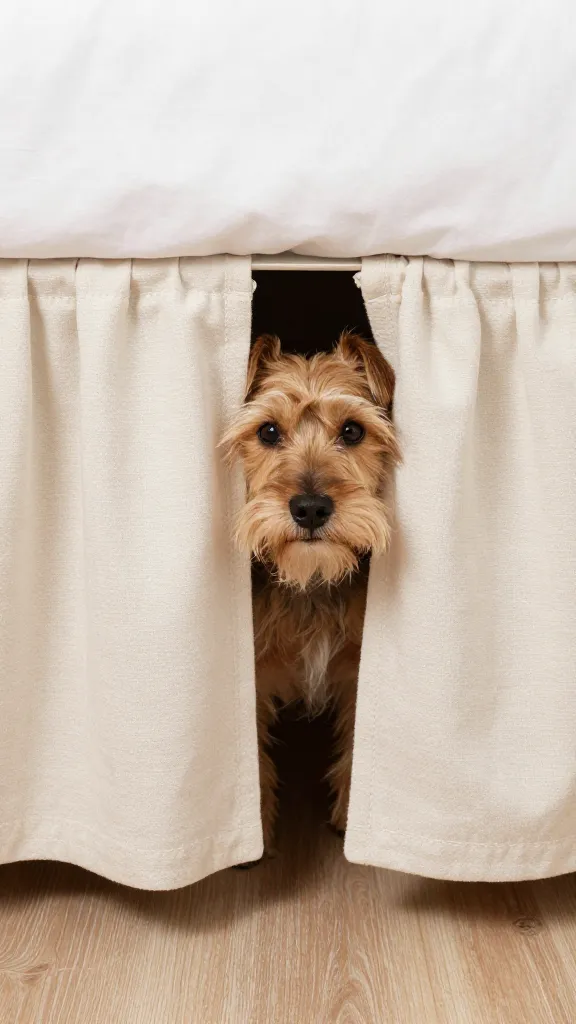 bed skirt concealing crate entrance, small terrier peeking