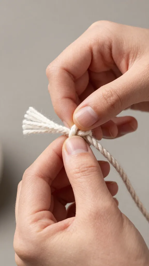 Hands knotting 3-inch fleece fringes, close-up