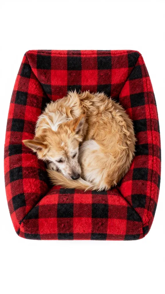 Small dog curled on red plaid fleece burrito bed