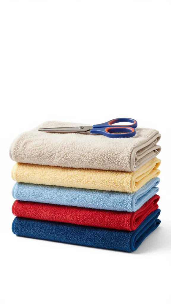 Anti-pill fleece throws stacked, scissors and pillow stuffing