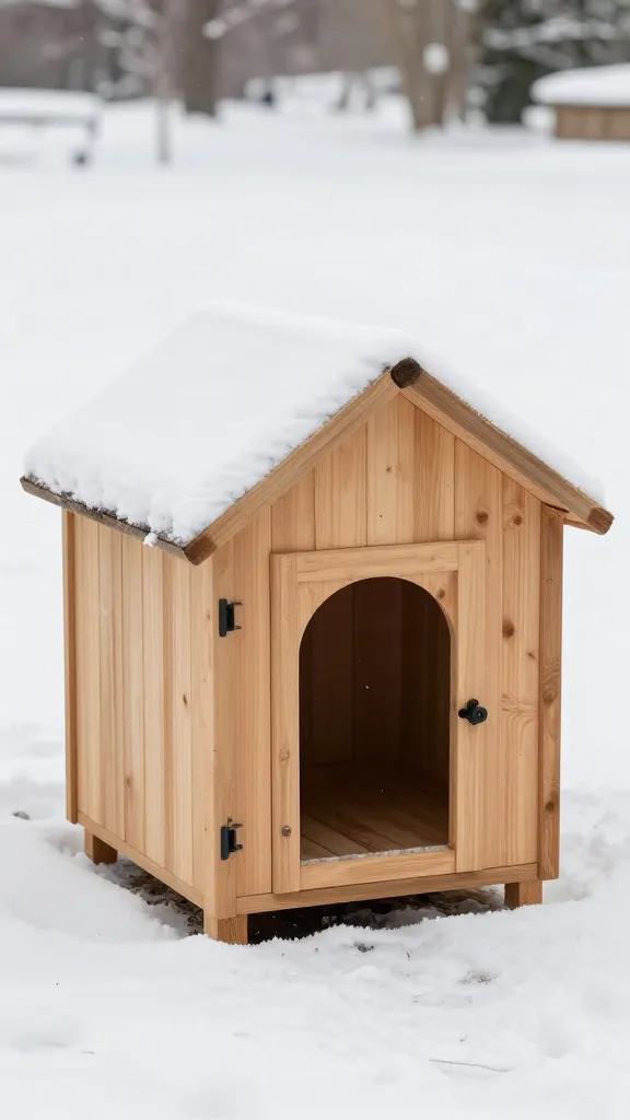 Insulated wooden dog house with sloped roof, snowy yard