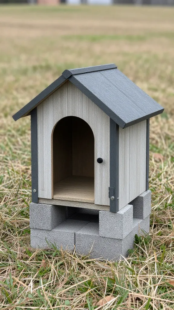 Elevated dog house on cinder blocks, winter grass