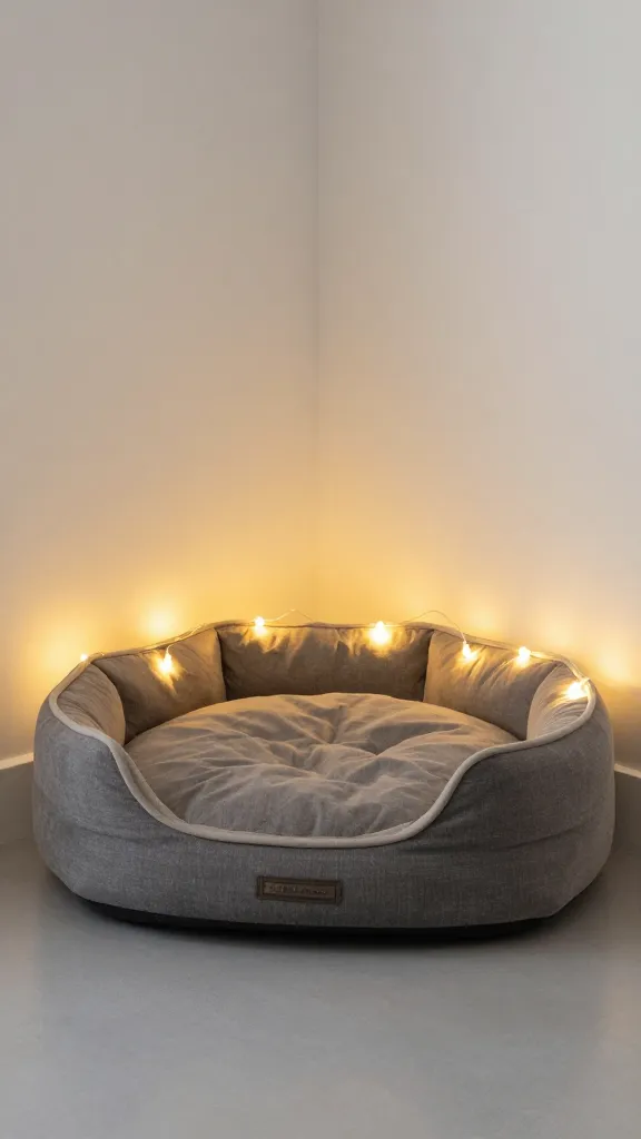 corner dog bed with warm white fairy lights