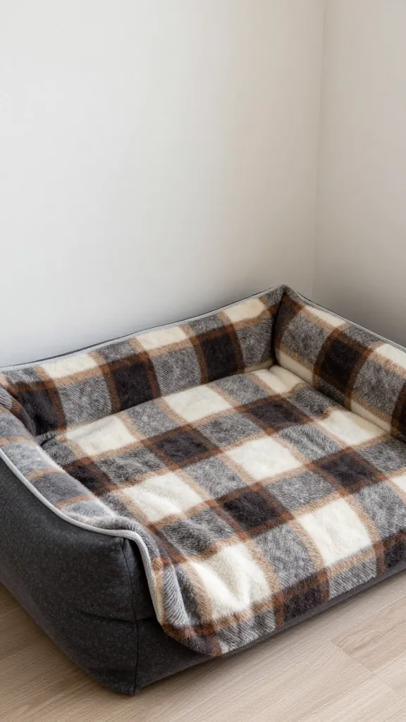 plaid blanket on dog bed in cozy corner