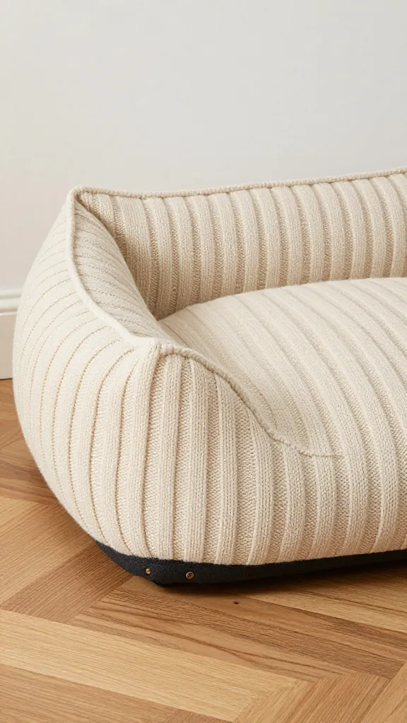 cream cable-knit bolster dog bed on hardwood floor