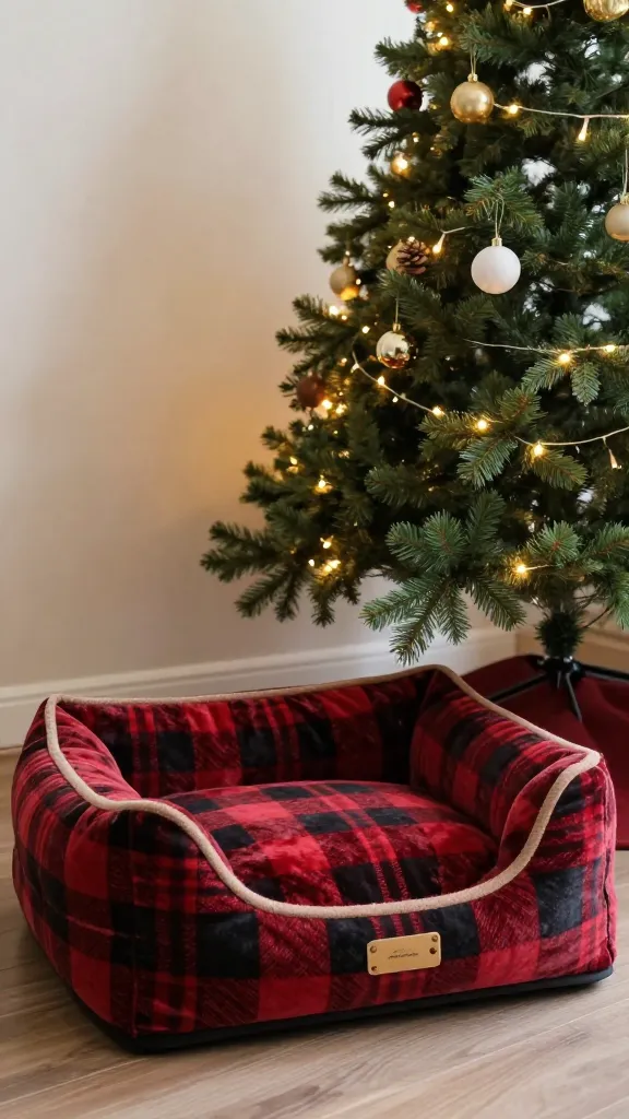 velvet plaid dog bed beside lit Christmas tree