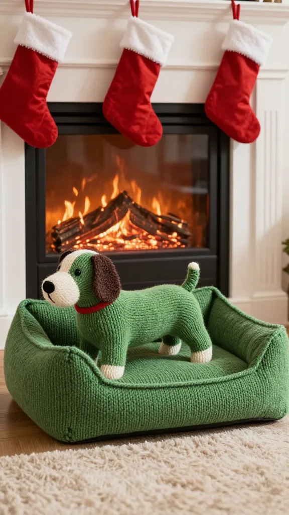 knitted green dog bed under fireplace stockings